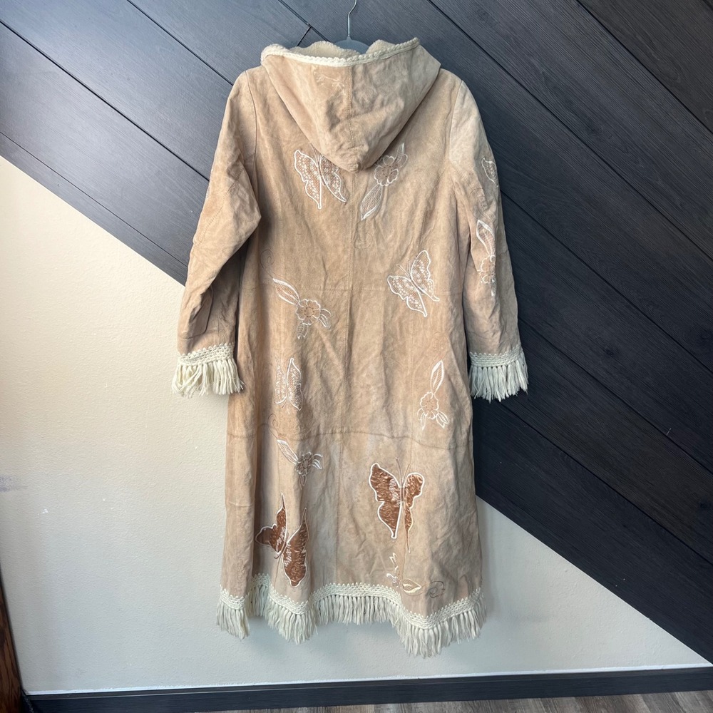 Via Accenti Womens Leather Hooded Duster Coat Butterfly Embroidered 14W Tan Boho - Picture 3 of 5